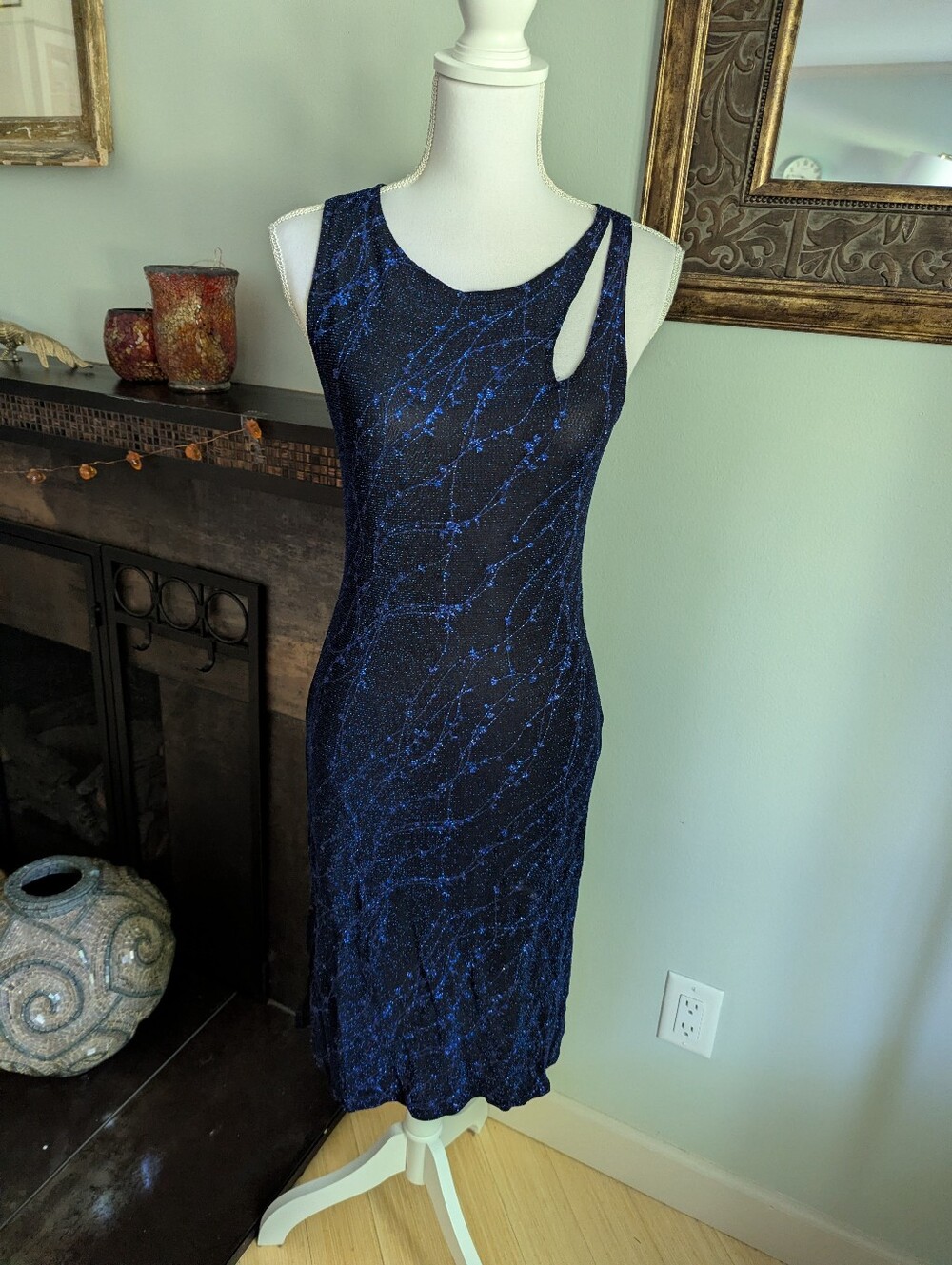 90s Y2K Blue Sparkly Glitter Floral Vines Dress Cut Out Strap Detail Size S/M